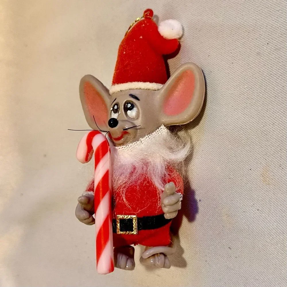 Vintage Christmas Mouse Ornament with Candy Cane Flocked Santa Suit 4”H